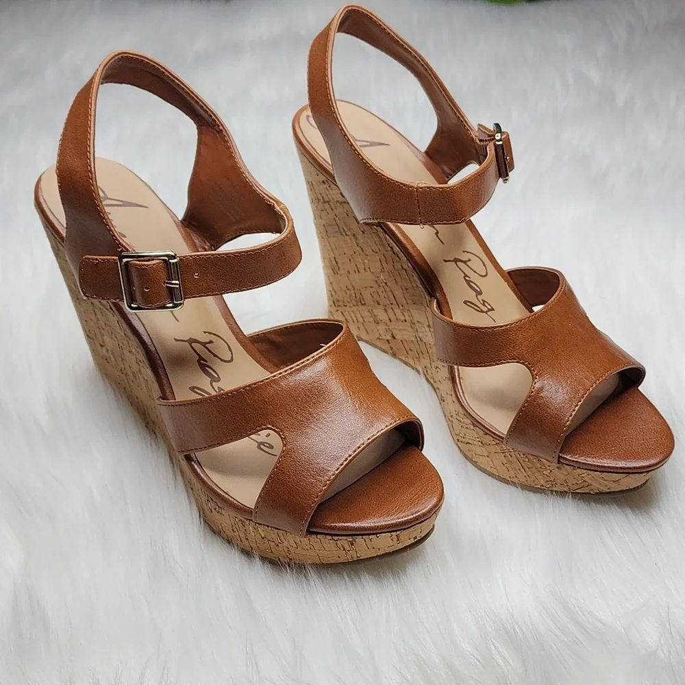 American Rag Rochelle Platform Wedge Sandals Cognac Smooth Cork